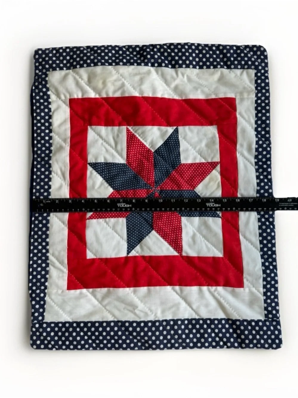 Vintage Patriotic Lone Star Quilted Pillow Sham Red White Blue Polka Dot 24x19